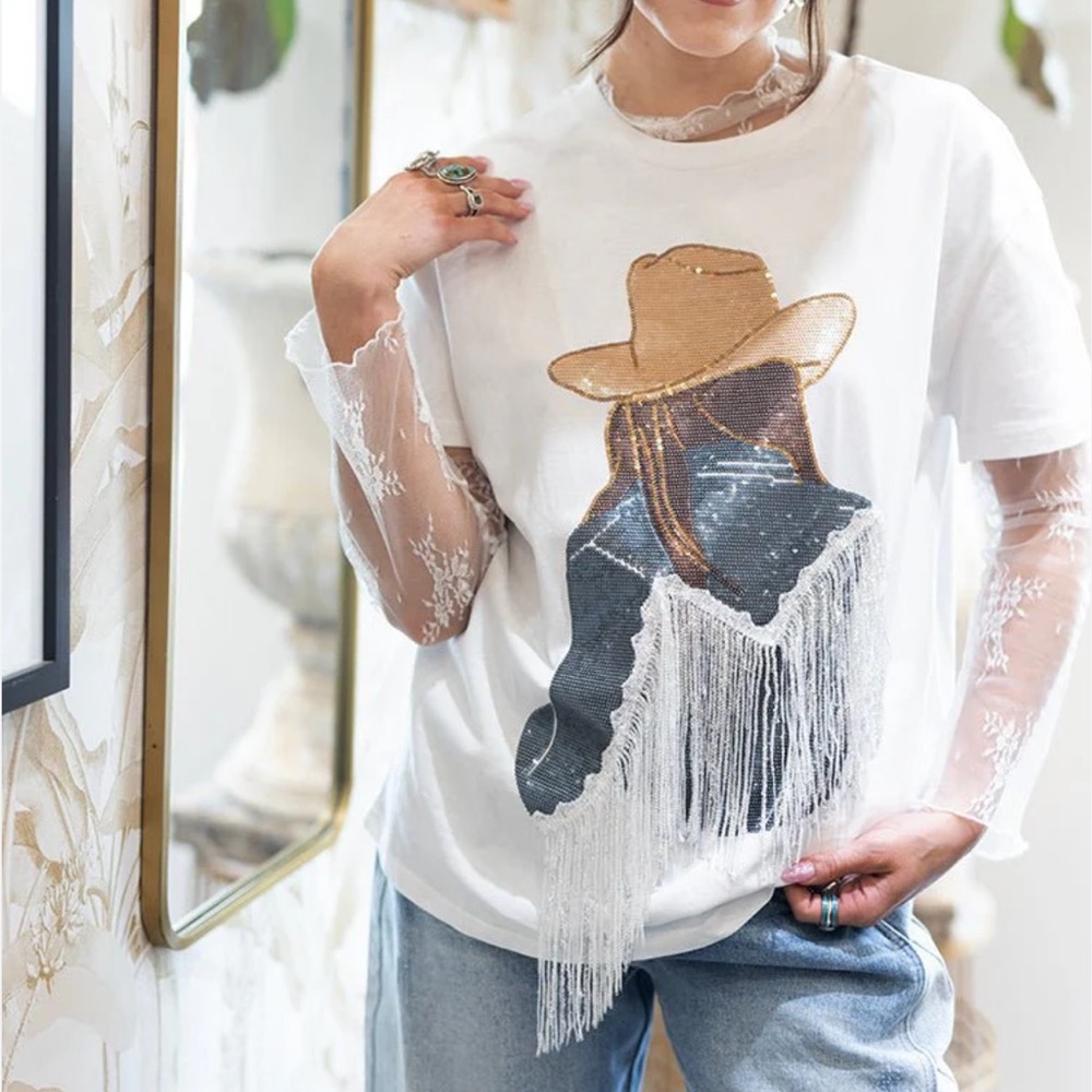 White Graphic Fringe Camisole